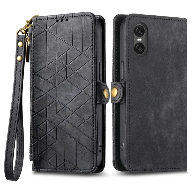 Für Sony Xperia 10 VI Case Geometrie Leder Kartenfächer Reißverschlusstaschen Handtasche Handyhülle - Schwarz