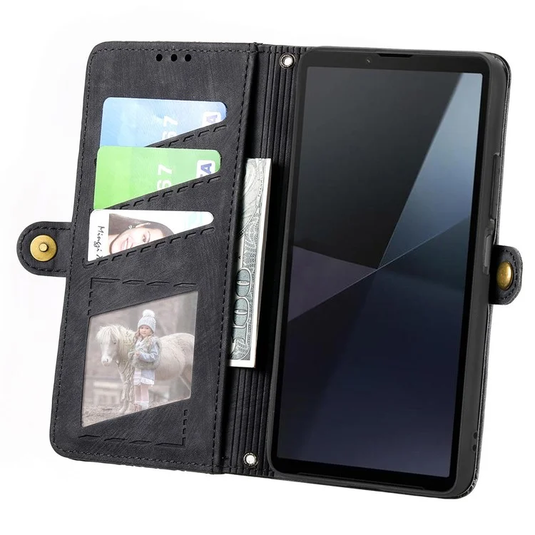 Für Sony Xperia 10 VI Case Geometrie Leder Kartenfächer Reißverschlusstaschen Handtasche Handyhülle - Schwarz