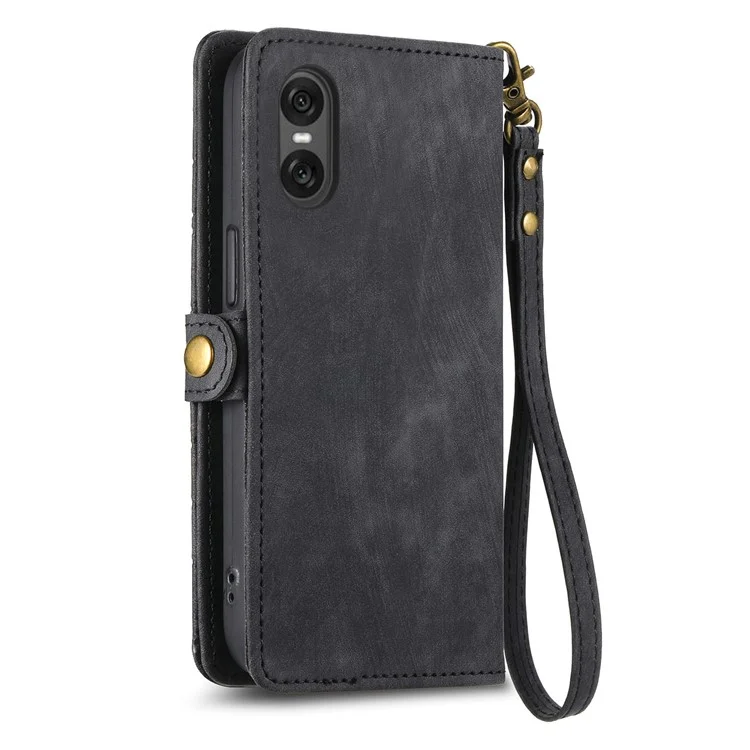 Für Sony Xperia 10 VI Case Geometrie Leder Kartenfächer Reißverschlusstaschen Handtasche Handyhülle - Schwarz