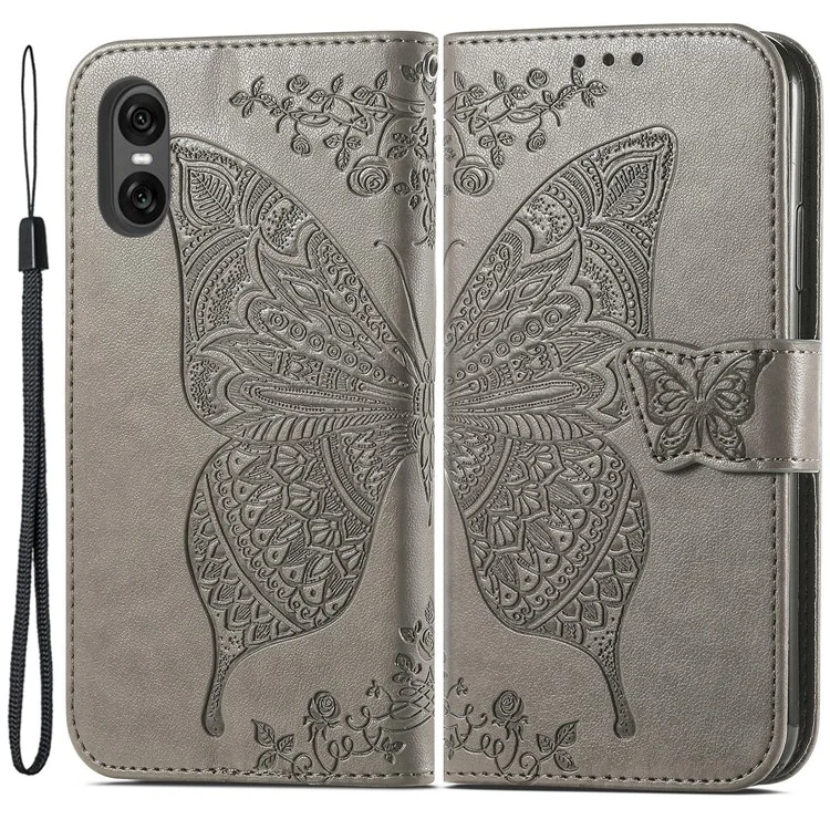 Für Sony Xperia 10 VI Ledertasche Wallet Kartenfächer Schmetterling Bedrucktes Telefongehäuse - Grau