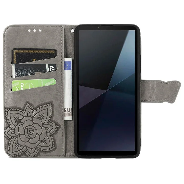 Für Sony Xperia 10 VI Ledertasche Wallet Kartenfächer Schmetterling Bedrucktes Telefongehäuse - Grau