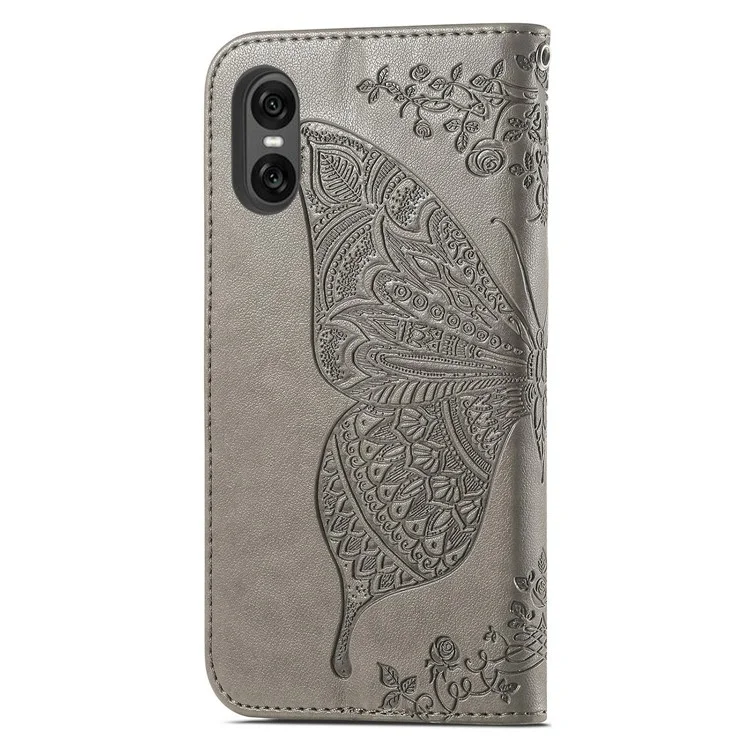 Für Sony Xperia 10 VI Ledertasche Wallet Kartenfächer Schmetterling Bedrucktes Telefongehäuse - Grau
