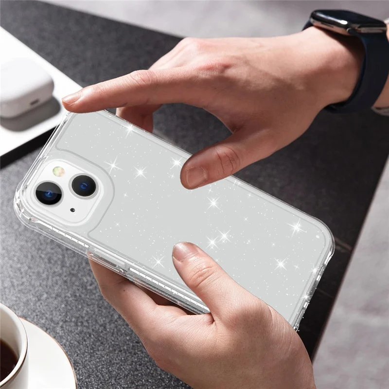 GW20 For iPhone 14 Plus Case TPU+PC Skin-Friendly Touch Matte Phone Cover - Glitter Transparent