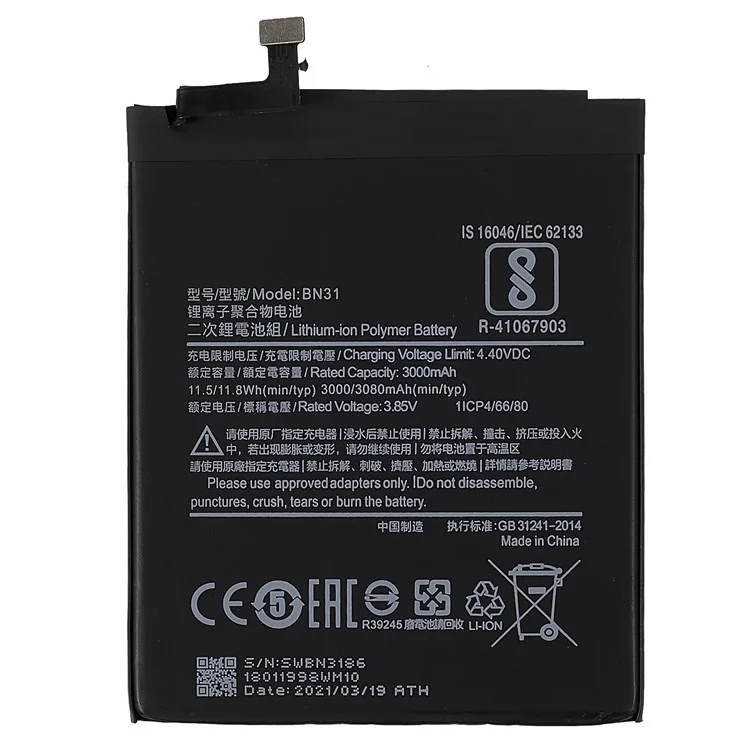 For Xiaomi Mi A1 / Mi 5X / Redmi S2 / Redmi Y2 / Note 5A / Y1 Lite / Note 5A Prime / Y1 3.85V 3000mAh Battery Replacement (Encode: BN31) (without Logo)