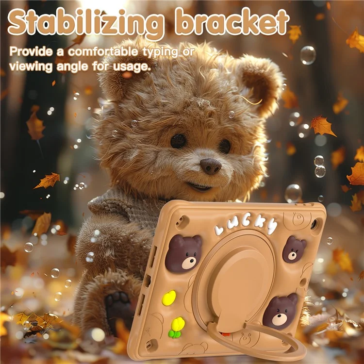 For iPad 10.2 (2021) / (2020) / (2019) Case Cartoon Bear Silicone Tablet Cover with Kickstand