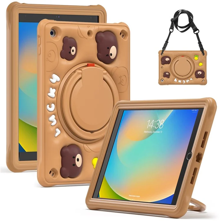 Para iPad 10.2 (2021) / (2020) / (2019) Case Cartoon Bear Silicone Kickstand Tablet Cover with Strap