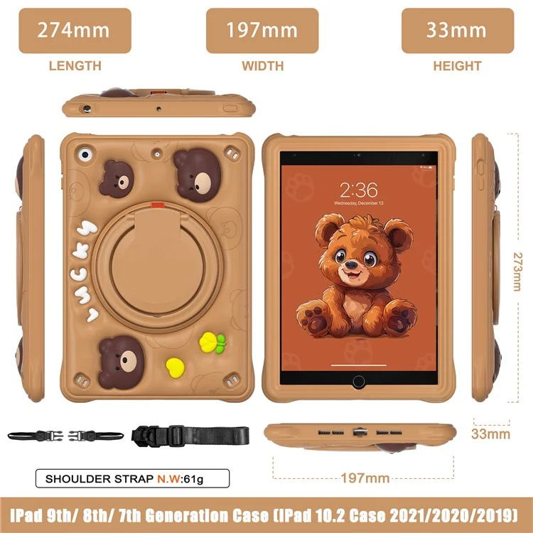 Para iPad 10.2 (2021) / (2020) / (2019) Case Cartoon Bear Silicone Kickstand Tablet Cover with Strap