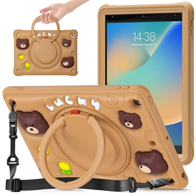 Para iPad 10.2 (2021) / (2020) / (2019) Case Cartoon Bear Silicone Kickstand Tablet Cover with Strap