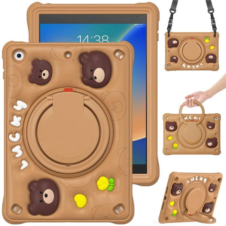 Para iPad 10.2 (2021) / (2020) / (2019) Case Cartoon Bear Silicone Kickstand Tablet Cover with Strap