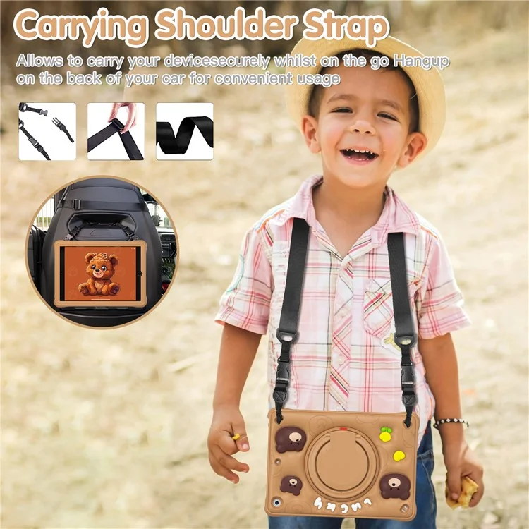 Para iPad 10.2 (2021) / (2020) / (2019) Case Cartoon Bear Silicone Kickstand Tablet Cover with Strap