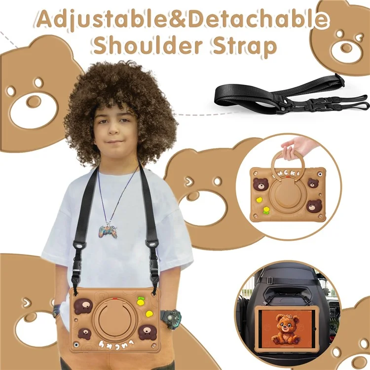 Para iPad 10.2 (2021) / (2020) / (2019) Case Cartoon Bear Silicone Kickstand Tablet Cover with Strap