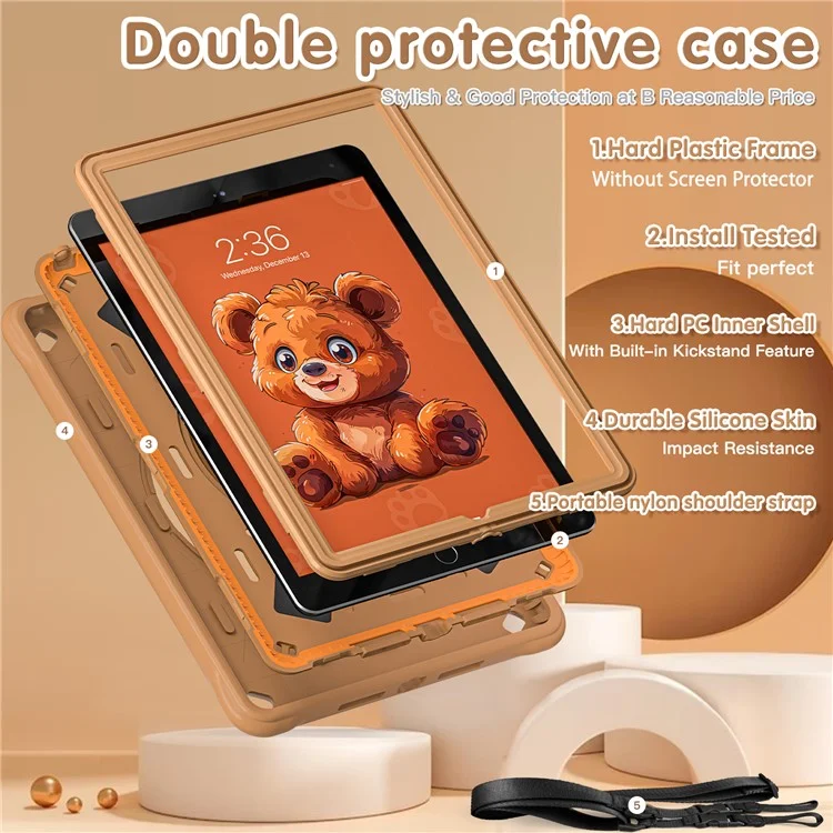 Para iPad 10.2 (2021) / (2020) / (2019) Case Cartoon Bear Silicone Kickstand Tablet Cover with Strap