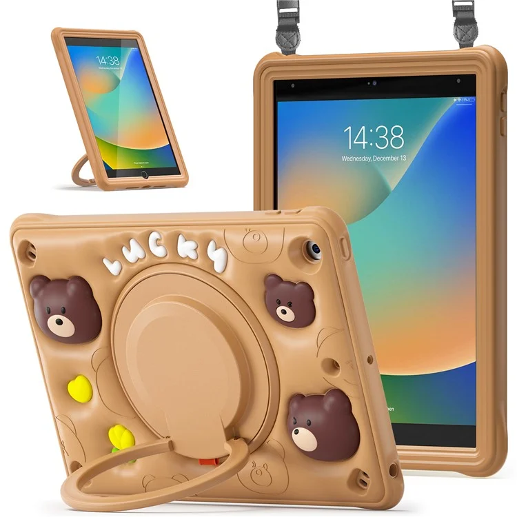 Para iPad 10.2 (2021) / (2020) / (2019) Case Cartoon Bear Silicone Kickstand Tablet Cover with Strap