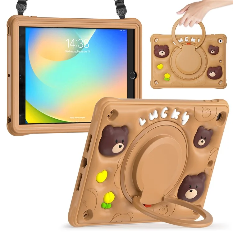Para iPad 10.2 (2021) / (2020) / (2019) Case Cartoon Bear Silicone Kickstand Tablet Cover with Strap