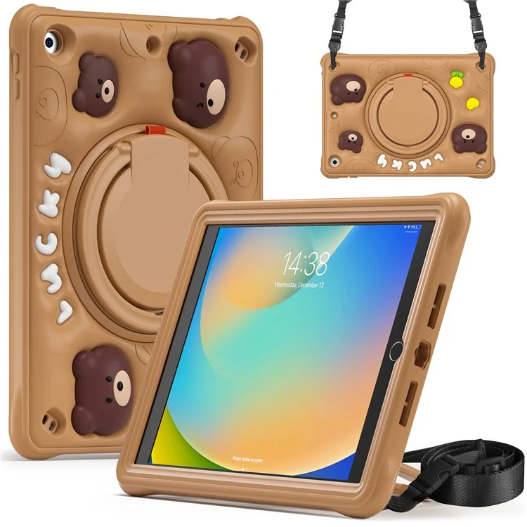 Para iPad 10.2 (2021) / (2020) / (2019) Case Cartoon Bear Silicone Kickstand Tablet Cover with Strap