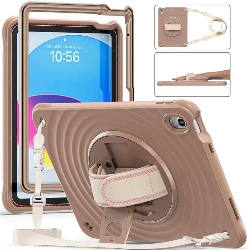 Pour iPad 10.9 (2022) Étui Vagues Rondes Sangle de Main Support de Béquille PC+Silicone Housse de Tablette avec Bandoulière - Couleur Latte