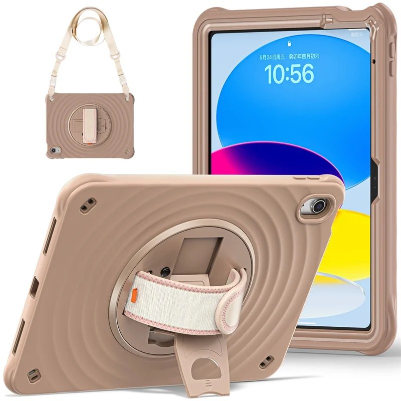 Pour iPad 10.9 (2022) Étui Vagues Rondes Sangle de Main Support de Béquille PC+Silicone Housse de Tablette avec Bandoulière - Couleur Latte