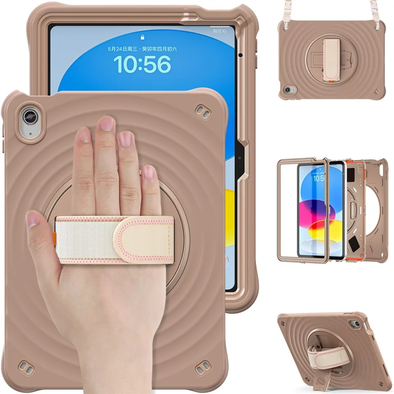 Pour iPad 10.9 (2022) Étui Vagues Rondes Sangle de Main Support de Béquille PC+Silicone Housse de Tablette avec Bandoulière - Couleur Latte