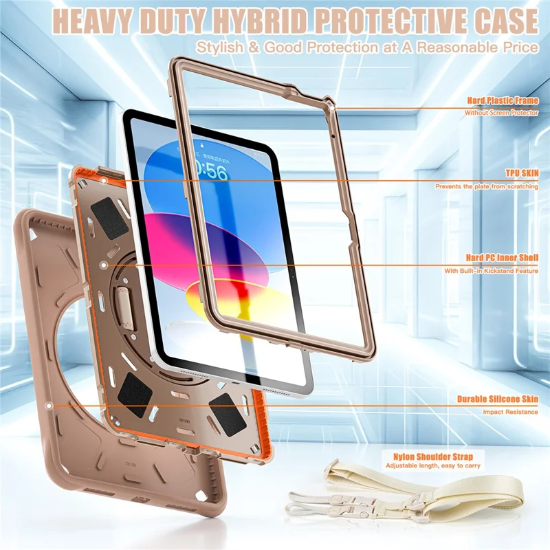 Pour iPad 10.9 (2022) Étui Vagues Rondes Sangle de Main Support de Béquille PC+Silicone Housse de Tablette avec Bandoulière - Couleur Latte