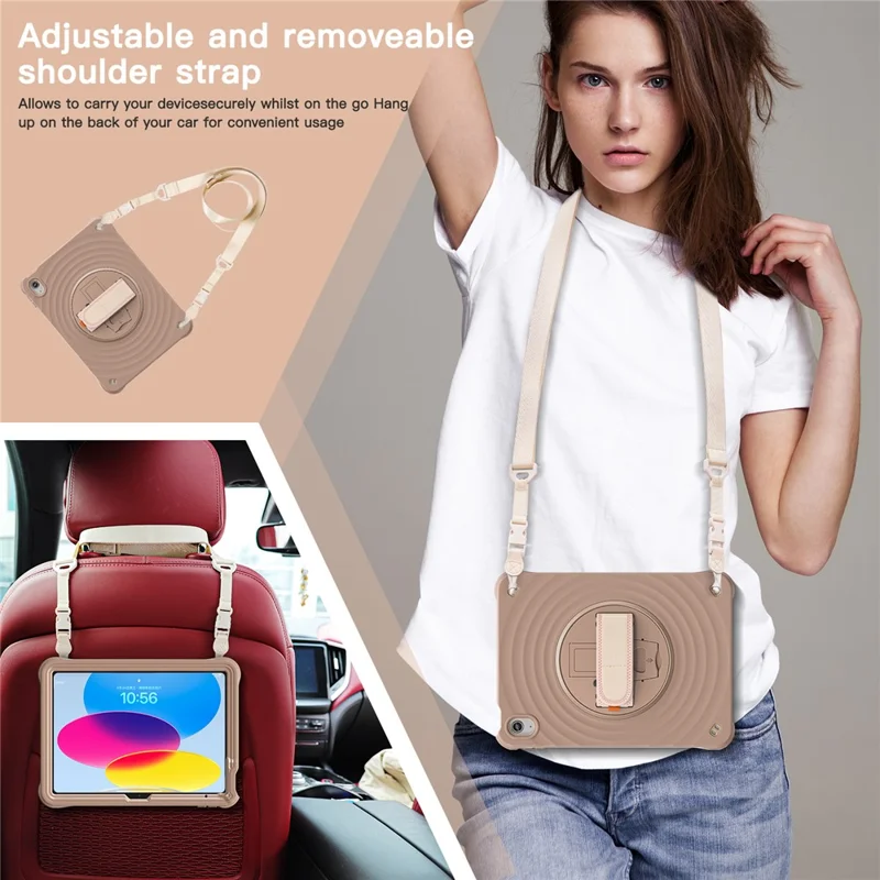 Pour iPad 10.9 (2022) Étui Vagues Rondes Sangle de Main Support de Béquille PC+Silicone Housse de Tablette avec Bandoulière - Couleur Latte