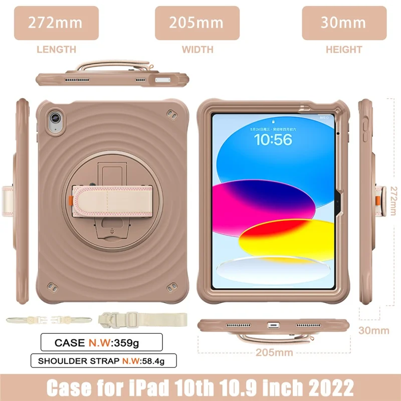 Pour iPad 10.9 (2022) Étui Vagues Rondes Sangle de Main Support de Béquille PC+Silicone Housse de Tablette avec Bandoulière - Couleur Latte