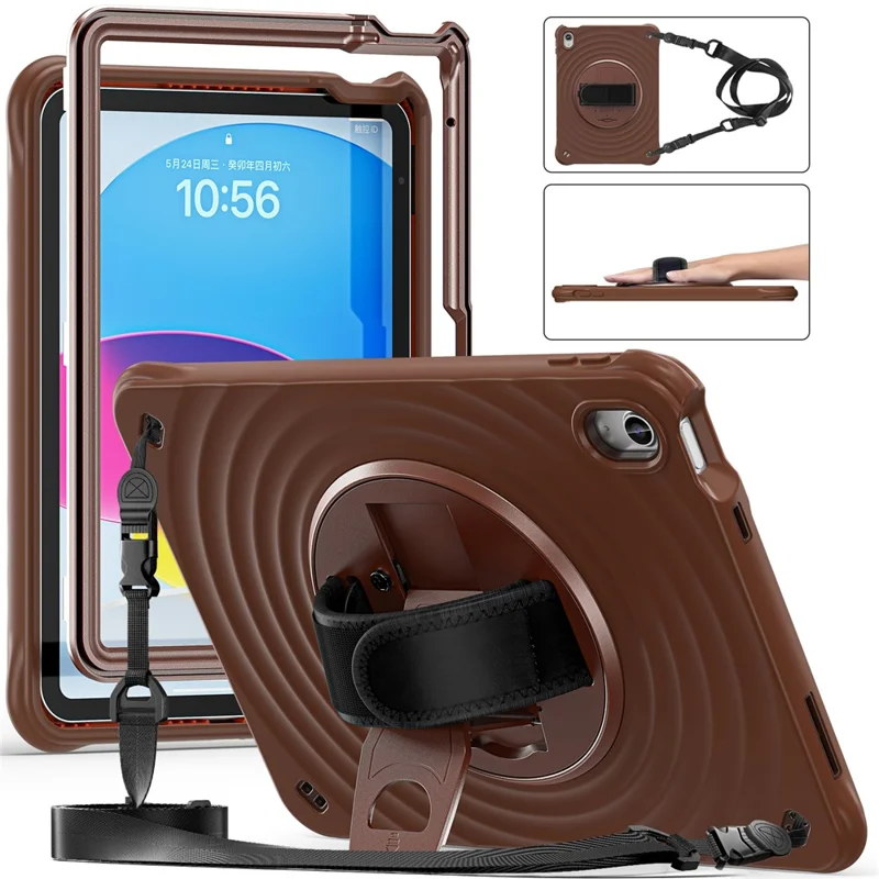 For iPad (2025) / 10.9 (2022) Case Round Ripples Hand Strap Kickstand PC+Silicone Tablet Cover with Shoulder Strap - Chocolate Color