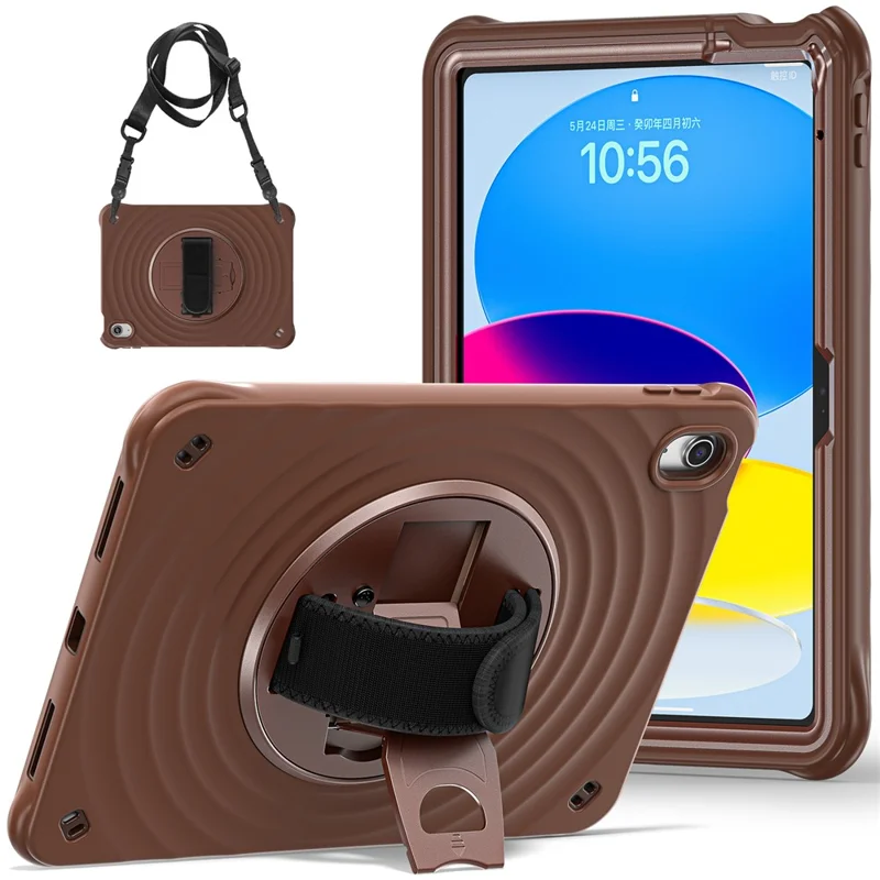 For iPad (2025) / 10.9 (2022) Case Round Ripples Hand Strap Kickstand PC+Silicone Tablet Cover with Shoulder Strap - Chocolate Color