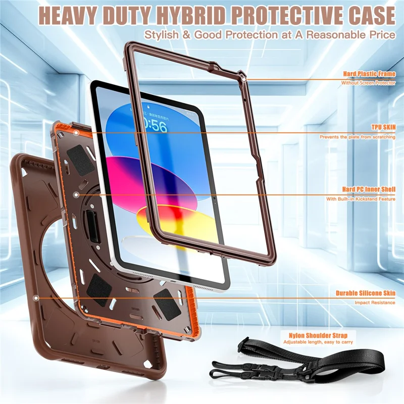 For iPad (2025) / 10.9 (2022) Case Round Ripples Hand Strap Kickstand PC+Silicone Tablet Cover with Shoulder Strap - Chocolate Color