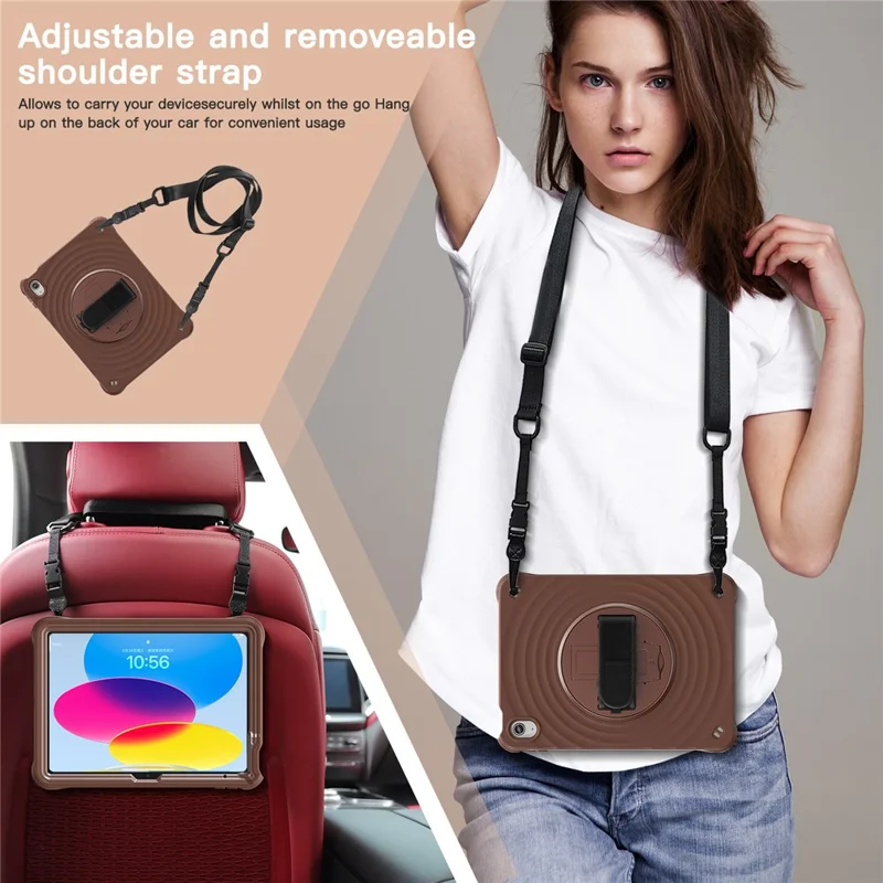 For iPad (2025) / 10.9 (2022) Case Round Ripples Hand Strap Kickstand PC+Silicone Tablet Cover with Shoulder Strap - Chocolate Color