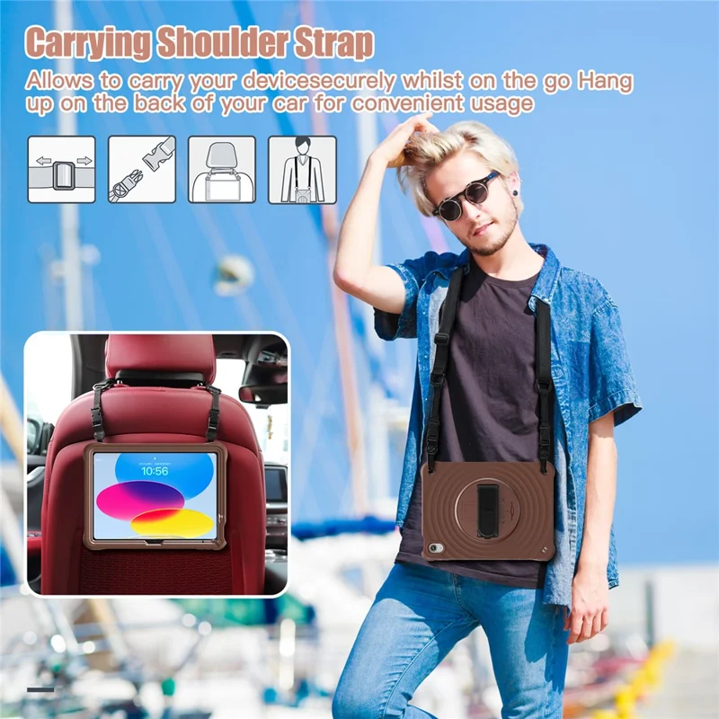 For iPad (2025) / 10.9 (2022) Case Round Ripples Hand Strap Kickstand PC+Silicone Tablet Cover with Shoulder Strap - Chocolate Color