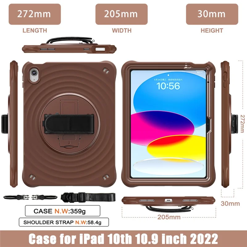 For iPad (2025) / 10.9 (2022) Case Round Ripples Hand Strap Kickstand PC+Silicone Tablet Cover with Shoulder Strap - Chocolate Color