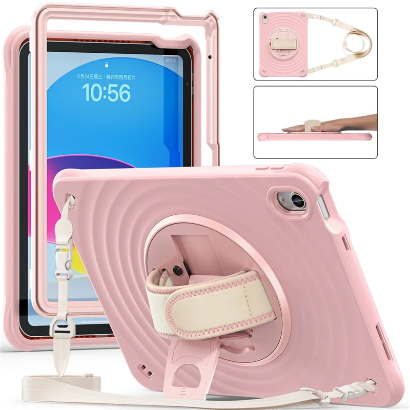 Per iPad 10.9 (2022) Custodia Onde Arrotondate Fascia da Polso Supporto Girevole PC+Silicone Custodia Tablet con Tracolla - Rosa