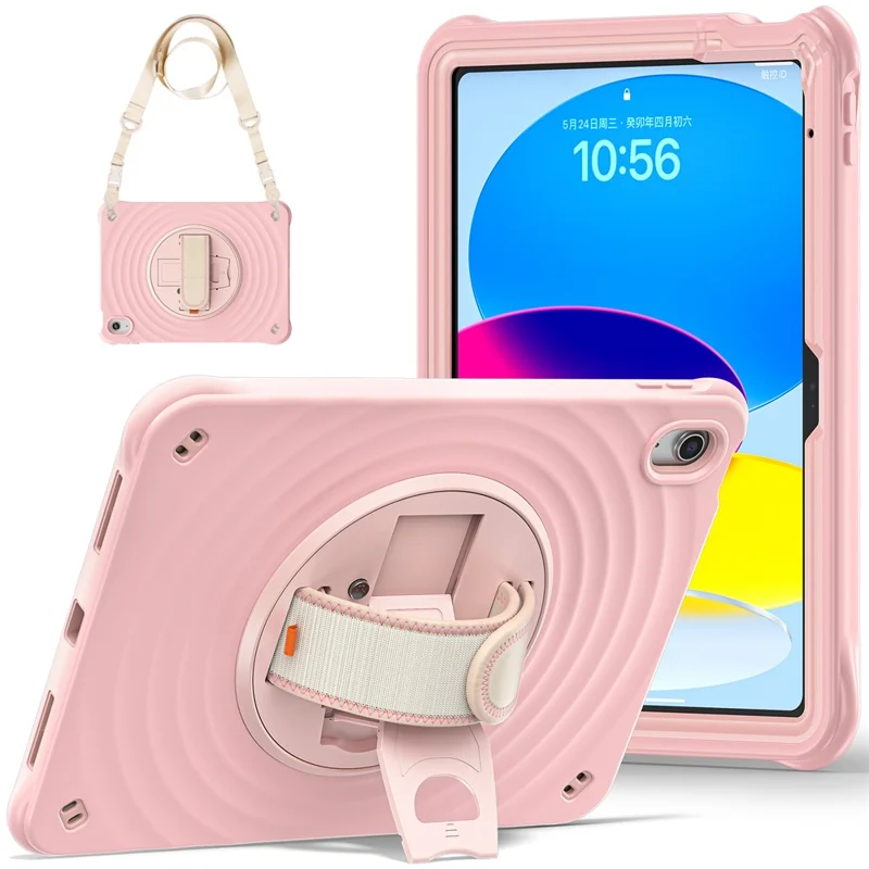 Per iPad 10.9 (2022) Custodia Onde Arrotondate Fascia da Polso Supporto Girevole PC+Silicone Custodia Tablet con Tracolla - Rosa