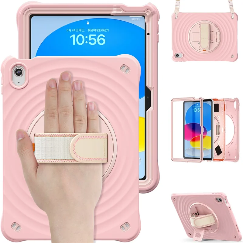 Per iPad 10.9 (2022) Custodia Onde Arrotondate Fascia da Polso Supporto Girevole PC+Silicone Custodia Tablet con Tracolla - Rosa