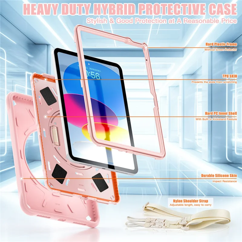 Per iPad 10.9 (2022) Custodia Onde Arrotondate Fascia da Polso Supporto Girevole PC+Silicone Custodia Tablet con Tracolla - Rosa