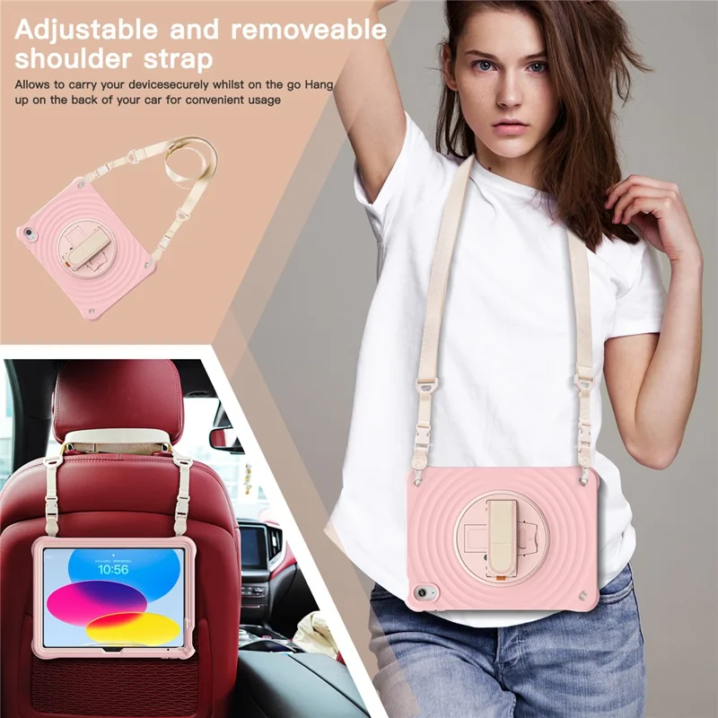 Per iPad 10.9 (2022) Custodia Onde Arrotondate Fascia da Polso Supporto Girevole PC+Silicone Custodia Tablet con Tracolla - Rosa
