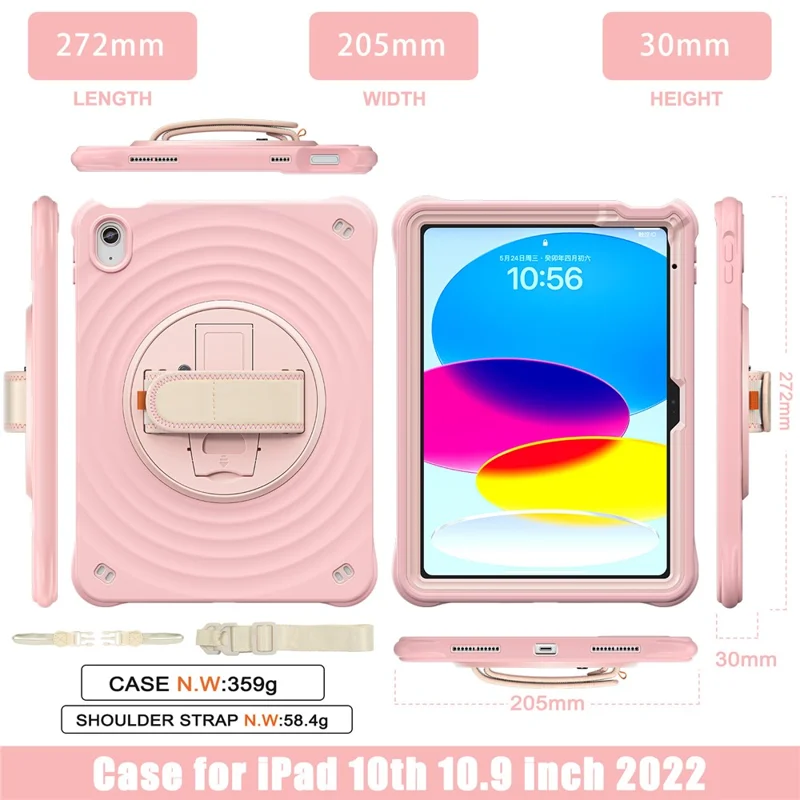Per iPad 10.9 (2022) Custodia Onde Arrotondate Fascia da Polso Supporto Girevole PC+Silicone Custodia Tablet con Tracolla - Rosa