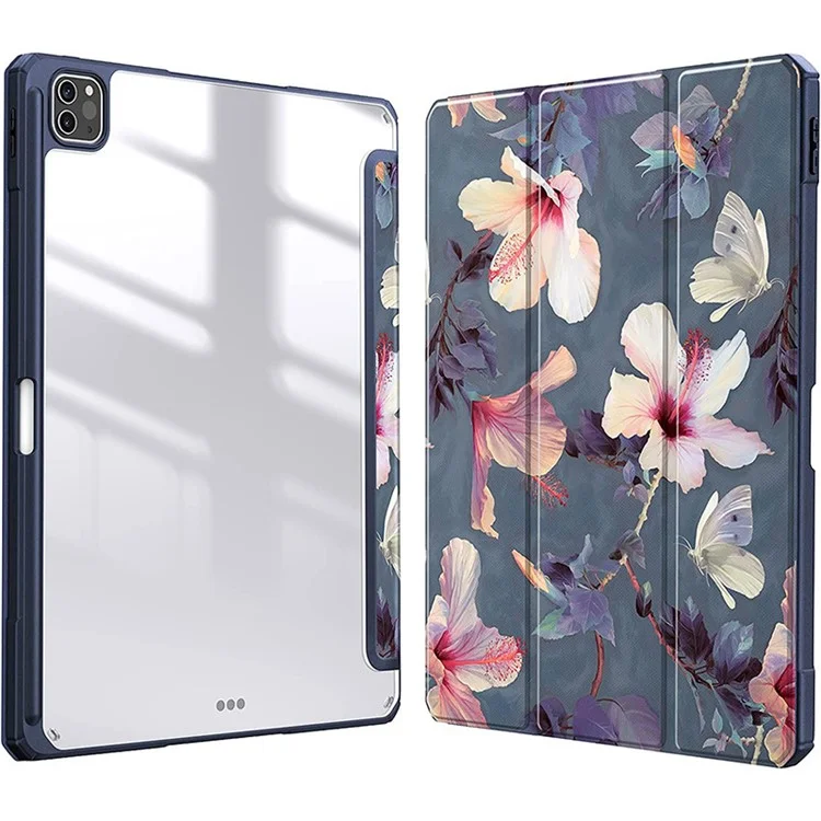 Bulk Purchasing For iPad Pro 13 (2024) Case Tri-Fold Stand Leather+TPU+Clear Acrylic Pattern Tablet Cover - Grey / Flower