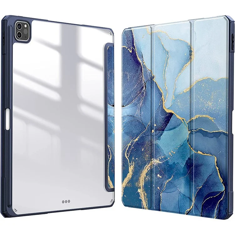 Bulk Buy For iPad Pro 13 (2024) Case Tri-fold Stand Leather+TPU+Clear Acrylic Pattern Tablet Cover - Wave Marble