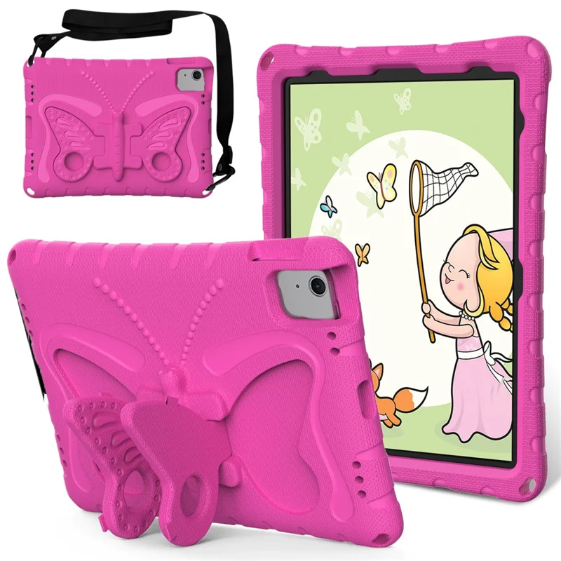 For iPad Air 11 (2026) / (2025) / (2024) Case Butterfly EVA Tablet Cover with Kickstand / Shoulder Strap - Rose