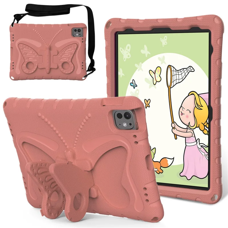 For iPad Pro 11 (2025) / 11 (2024) EVA Case Butterfly Kickstand Tablet Cover with Shoulder Strap - Light Pink