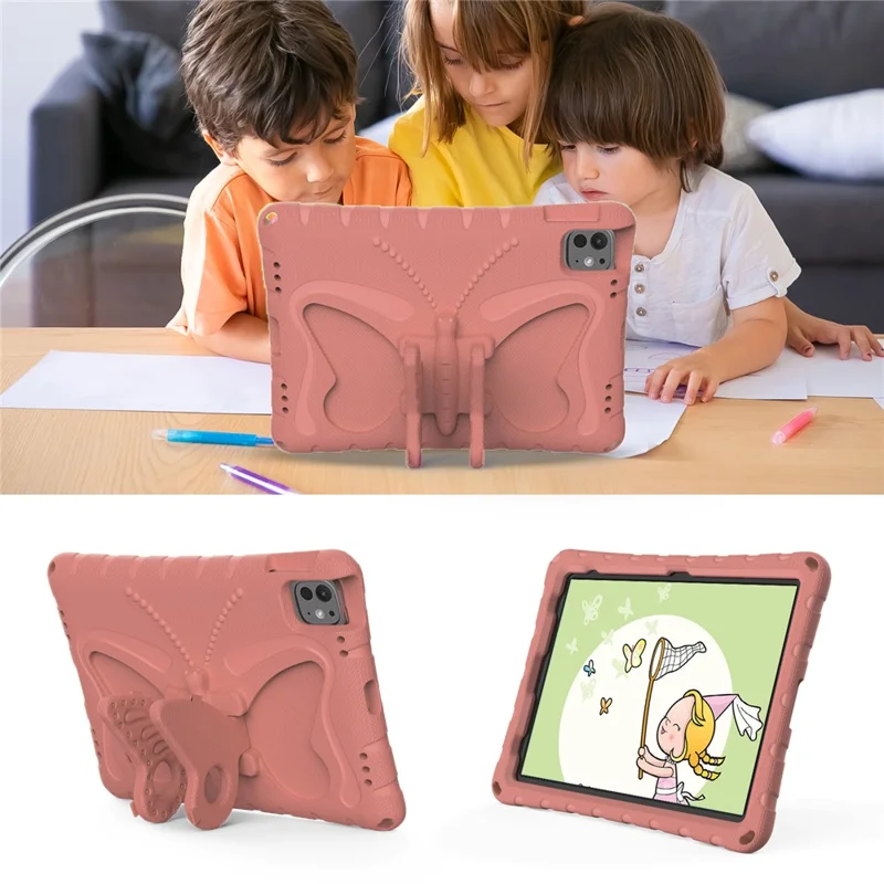 For iPad Pro 11 (2025) / 11 (2024) EVA Case Butterfly Kickstand Tablet Cover with Shoulder Strap - Light Pink