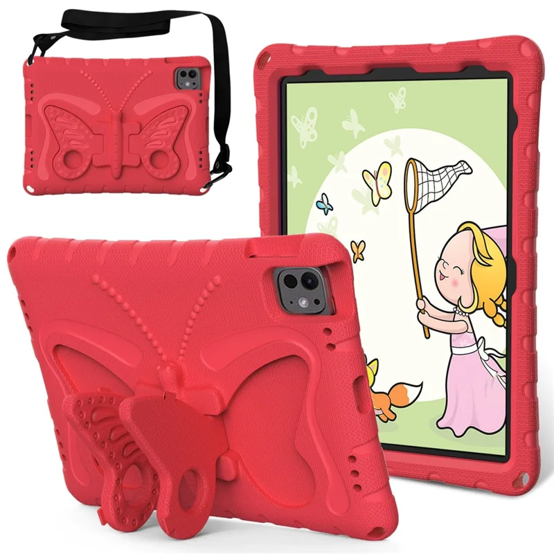 For iPad Pro 11 (2025) / 11 (2024) EVA Case Butterfly Kickstand Tablet Cover with Shoulder Strap - Red