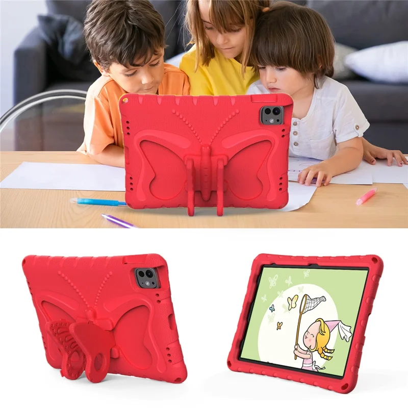 For iPad Pro 11 (2025) / 11 (2024) EVA Case Butterfly Kickstand Tablet Cover with Shoulder Strap - Red