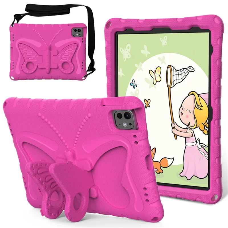 For iPad Pro 11 (2025) / 11 (2024) EVA Case Butterfly Kickstand Tablet Cover with Shoulder Strap - Rose
