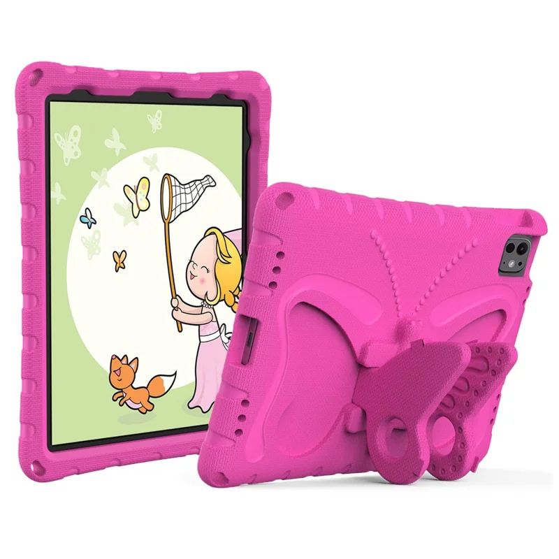 For iPad Pro 11 (2025) / 11 (2024) EVA Case Butterfly Kickstand Tablet Cover with Shoulder Strap - Rose