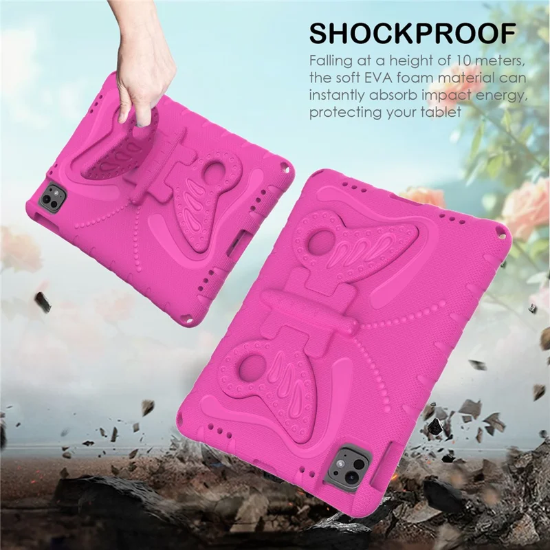 For iPad Pro 11 (2025) / 11 (2024) EVA Case Butterfly Kickstand Tablet Cover with Shoulder Strap - Rose