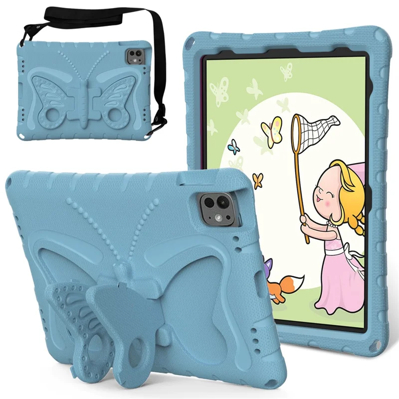 For iPad Pro 11 (2025) / 11 (2024) EVA Case Butterfly Kickstand Tablet Cover with Shoulder Strap - Baby Blue