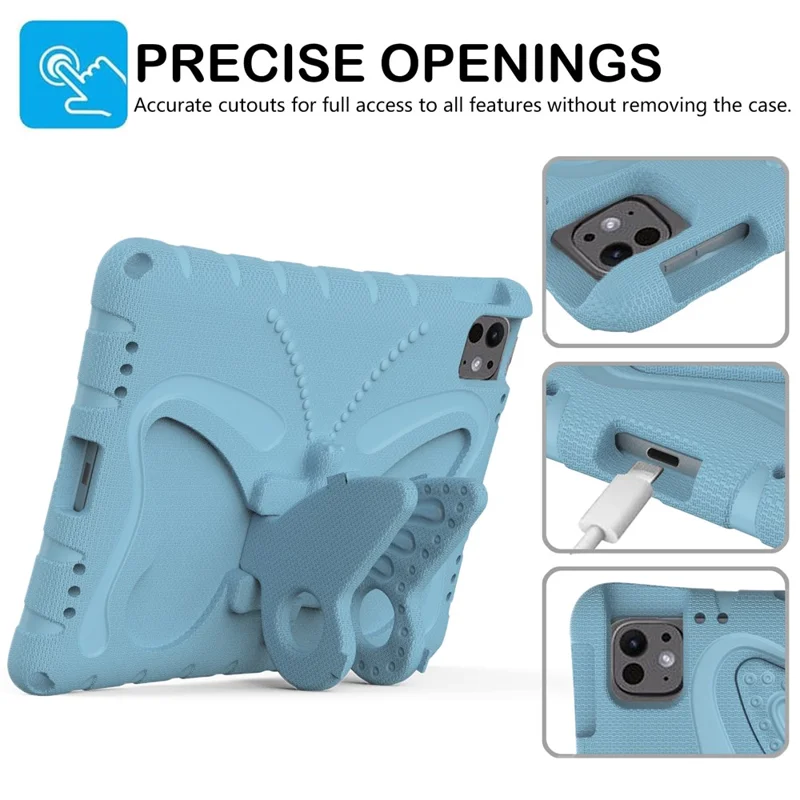 For iPad Pro 11 (2025) / 11 (2024) EVA Case Butterfly Kickstand Tablet Cover with Shoulder Strap - Baby Blue