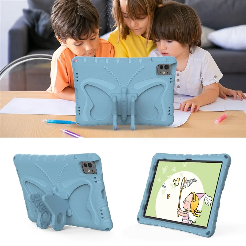 For iPad Pro 11 (2025) / 11 (2024) EVA Case Butterfly Kickstand Tablet Cover with Shoulder Strap - Baby Blue